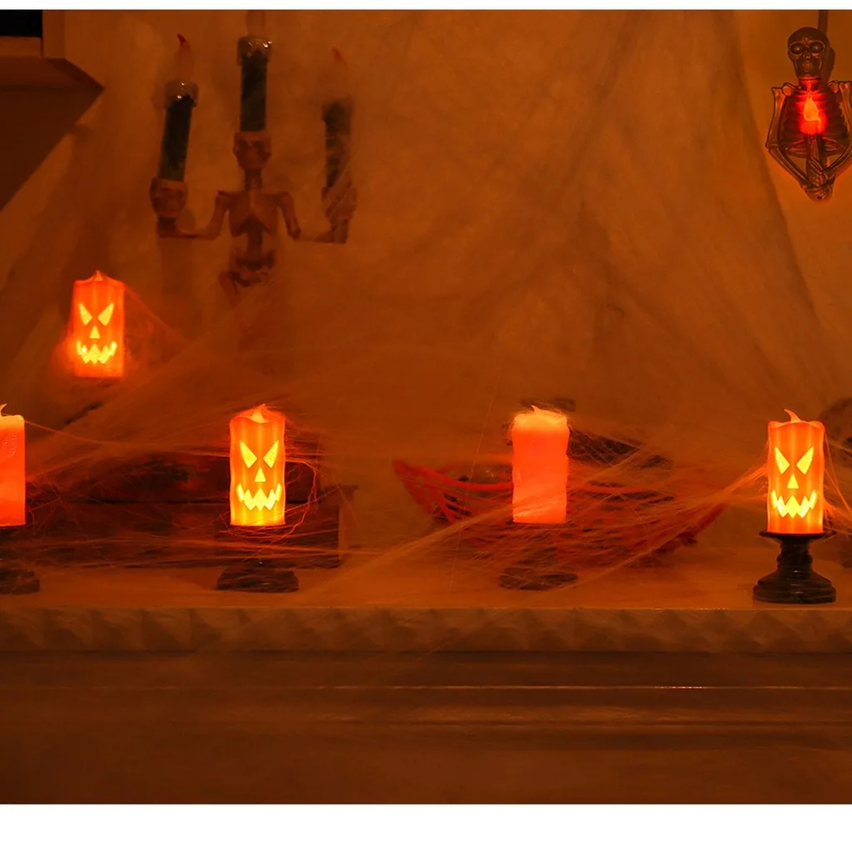 Orange Halloween LED Candlestick with Jack-o'-Lantern Face