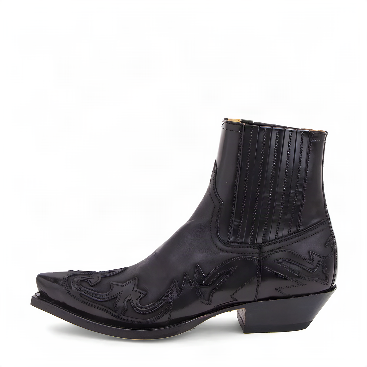 Western Pull-On Ankle Boots with Flame Stitching and Low Heel