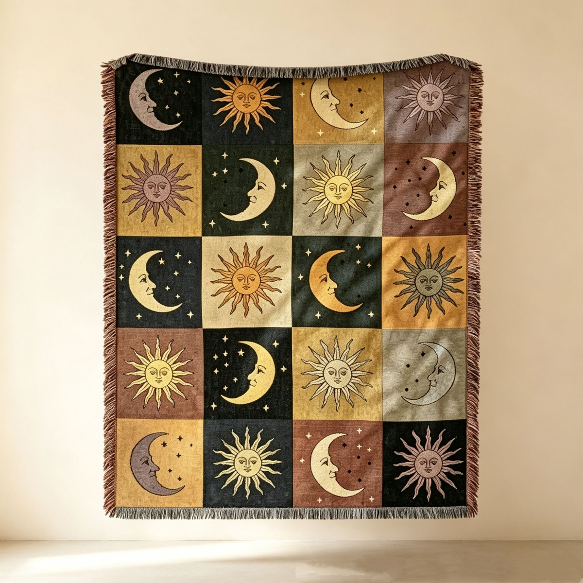 Illustrated Woven Throw Blanket with Fringe, 130 x 160 cm