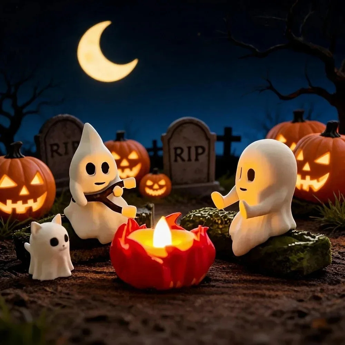 Light-Up Halloween Ghost Figurine Scene with Pumpkin Glow