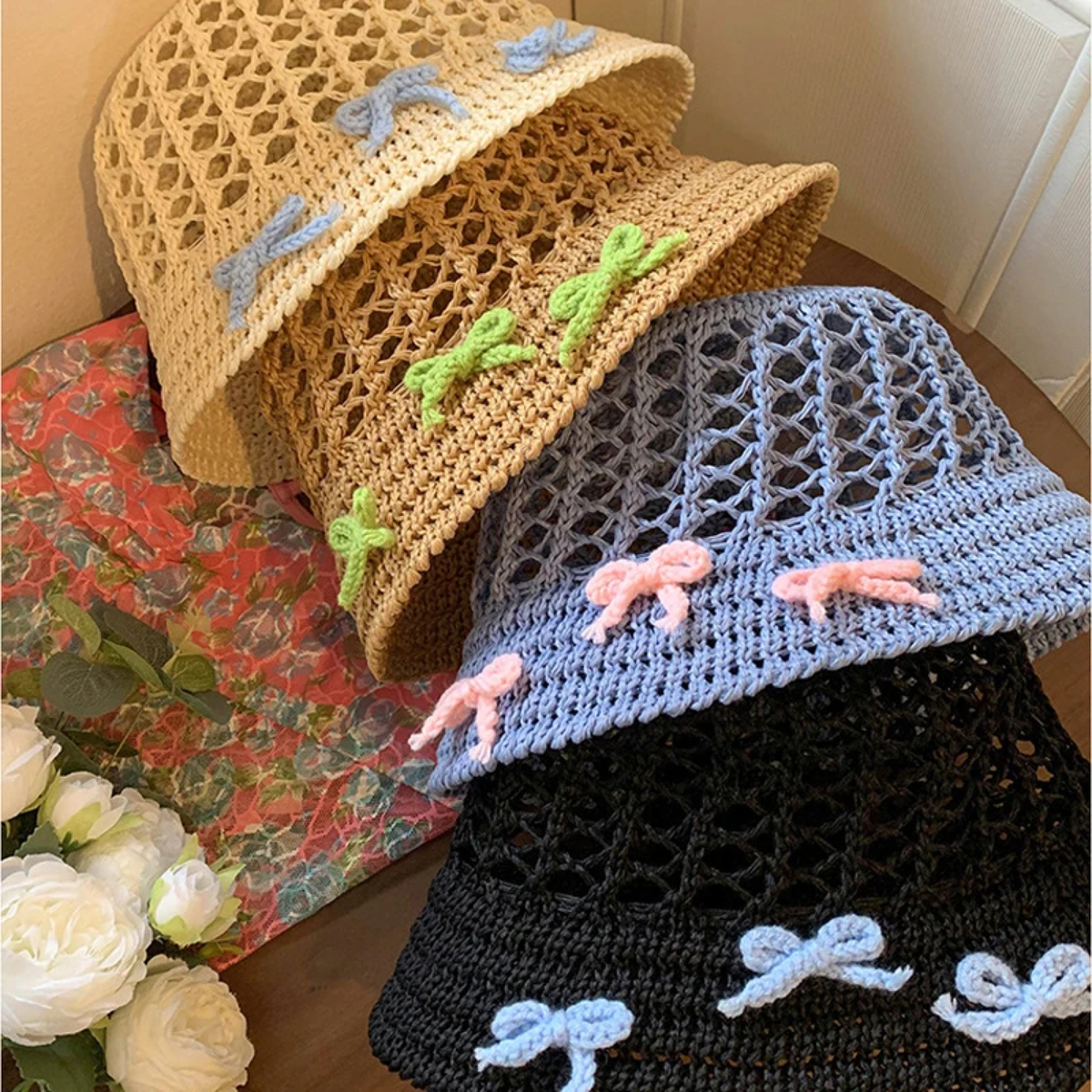Open-Weave Crochet Bucket Hat with Contrast Bow Details