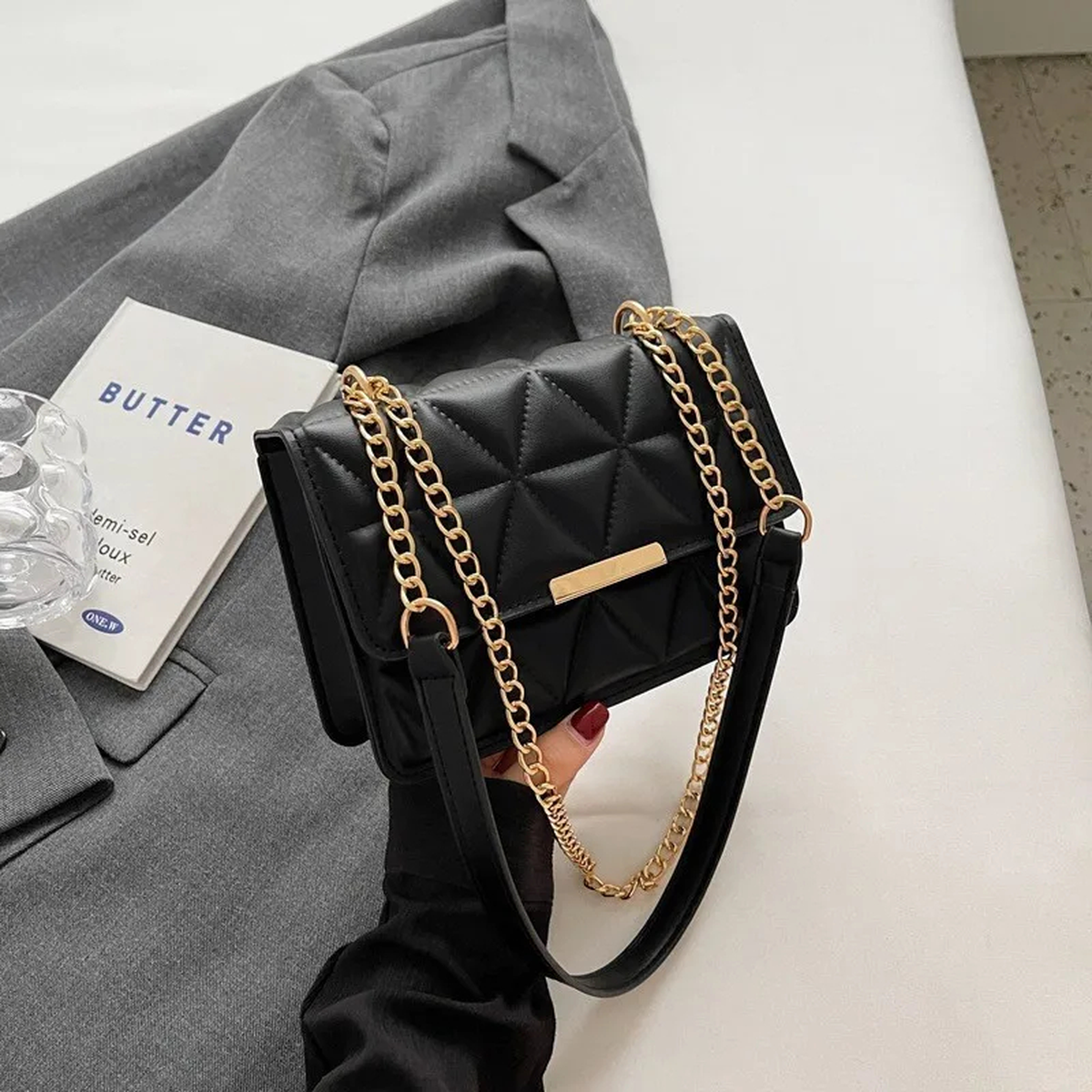 Quilted Chain-Strap Crossbody Bag with Flap Closure