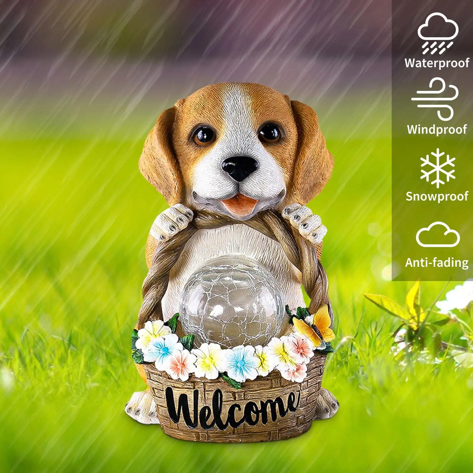 Solar Puppy Garden Statue with Flower Basket Outdoor Decor