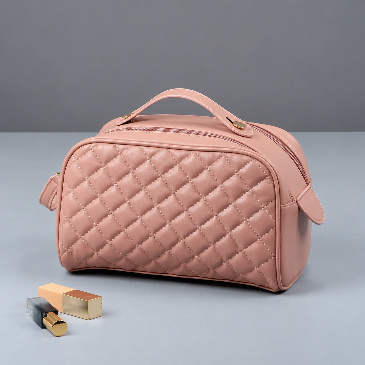 Quilted PU Toiletry Bag with Carry Handle, 26 x 15 x 15 cm