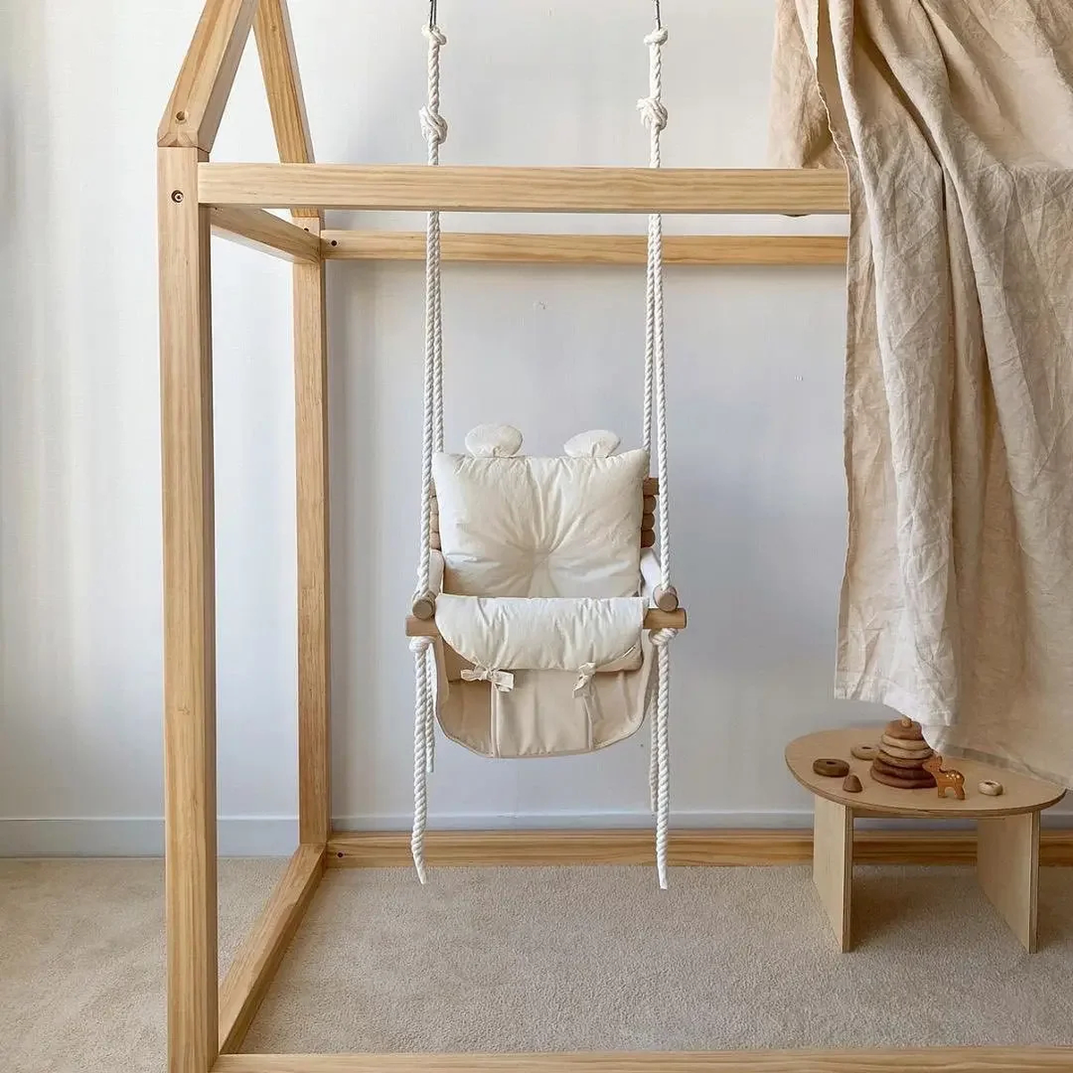 Indoor Baby Swing Chair with Cushioned Seat and Wooden Bars