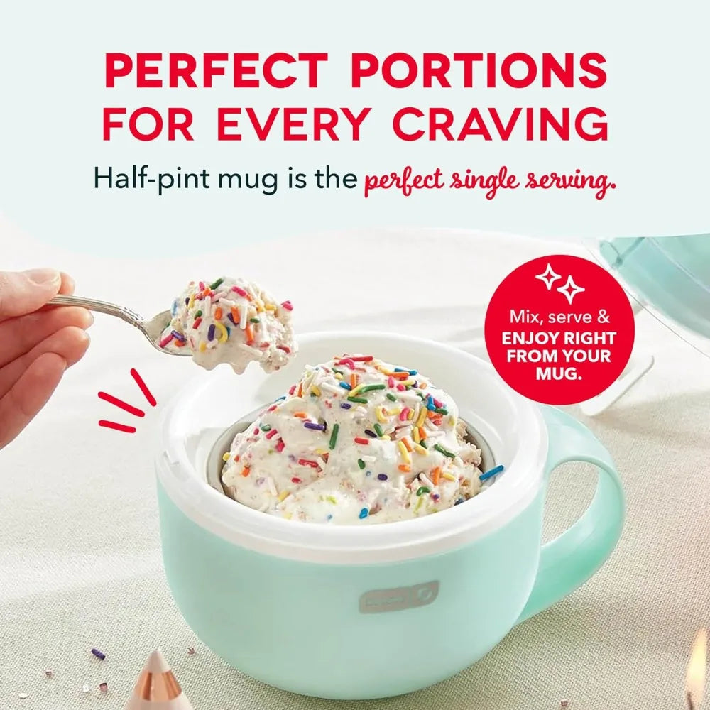 A mint green electric ice cream maker mug shown with a scoop of whipped cream and rainbow sprinkles, alongside promotional text and a red circular callout. A hand is visible holding the spoon on the left.