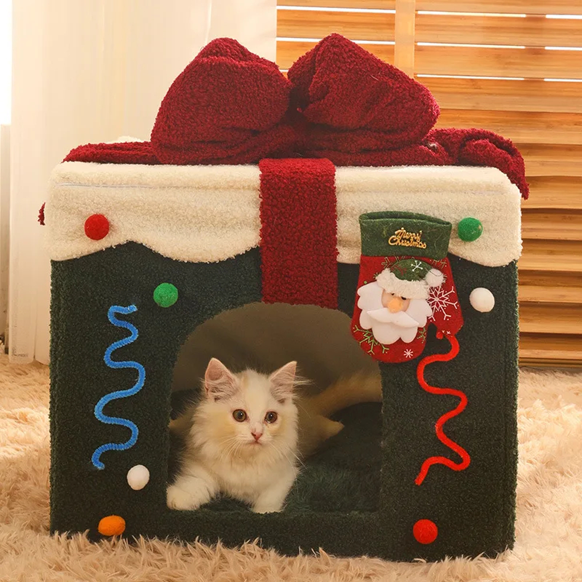 Christmas Gift Box Cat House Bed with Removable Top Bow