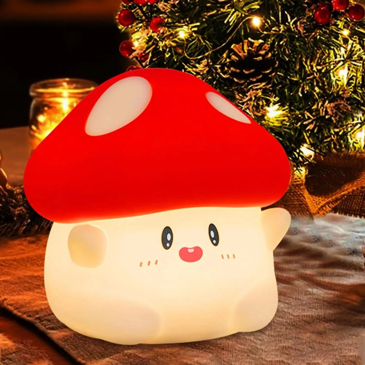 Mushroom Touch Night Light with Red Spotted Cap and Smiling Face