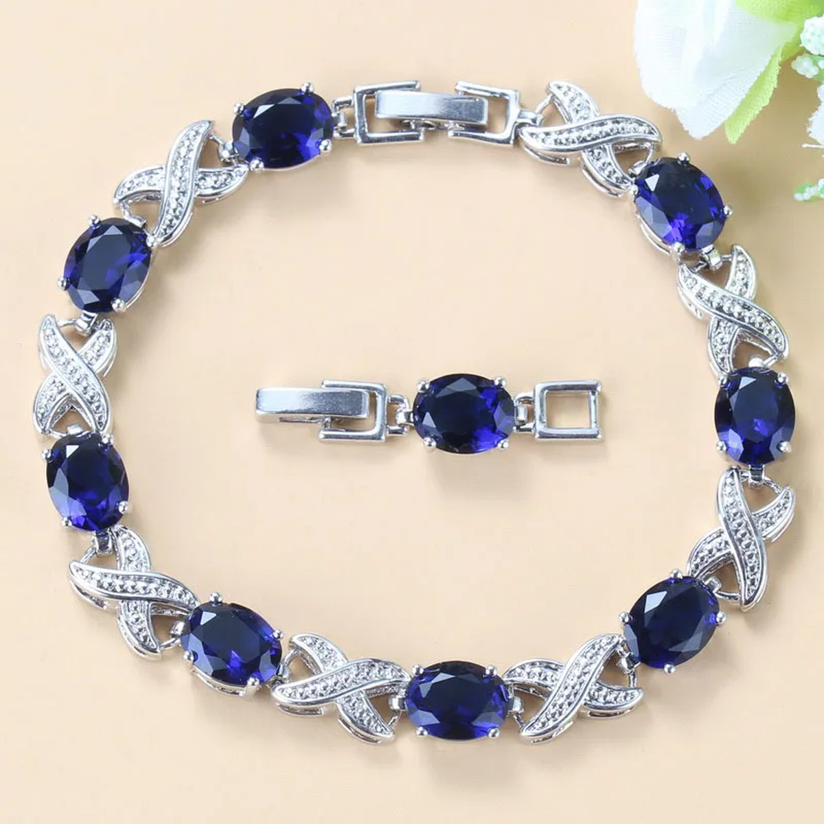 Blue Oval Crystal Fashion Bracelet with Clear Accent Stones