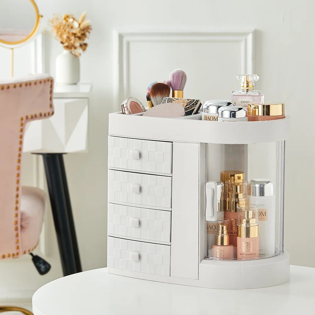 Rotating Makeup Organizer with Drawers 4-Tier White 32.5cm