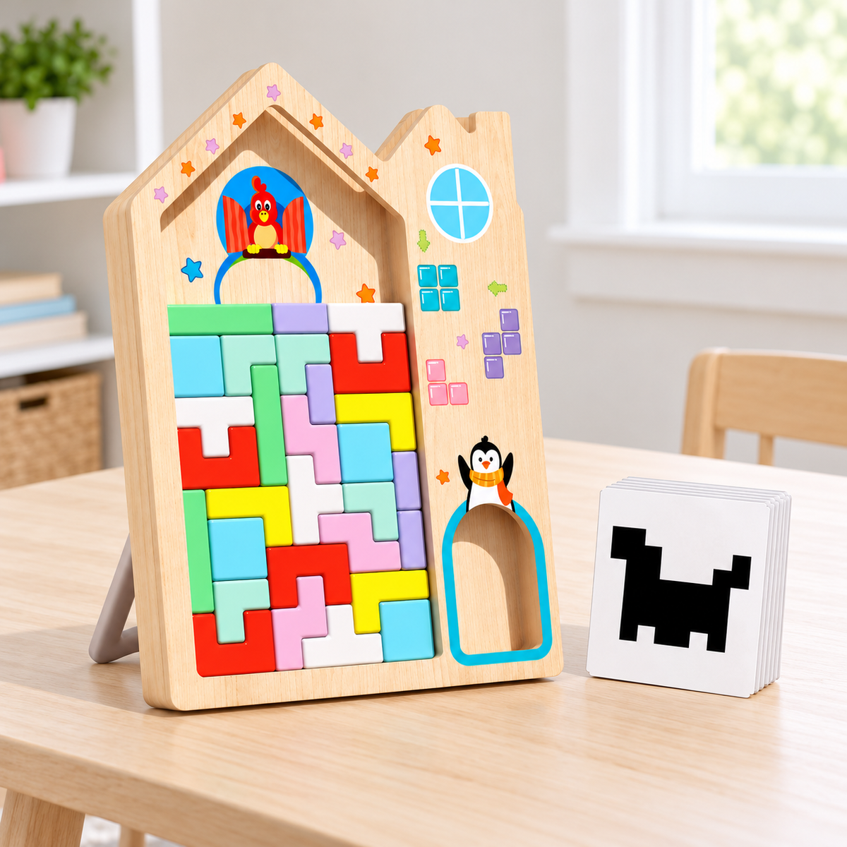 Penguin Wooden Block Puzzle Board with Geometric Pattern Cards