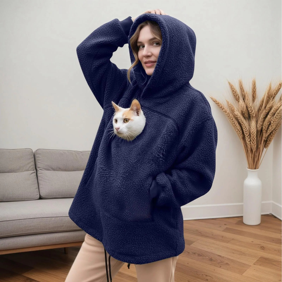 Fleece Pet Pouch Hoodie with Front Pocket for Cats & Small Dogs