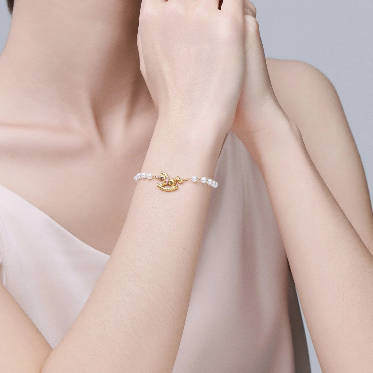 Pearl-Look Charm Bracelet, Gold-Tone Rocking Horse Detail