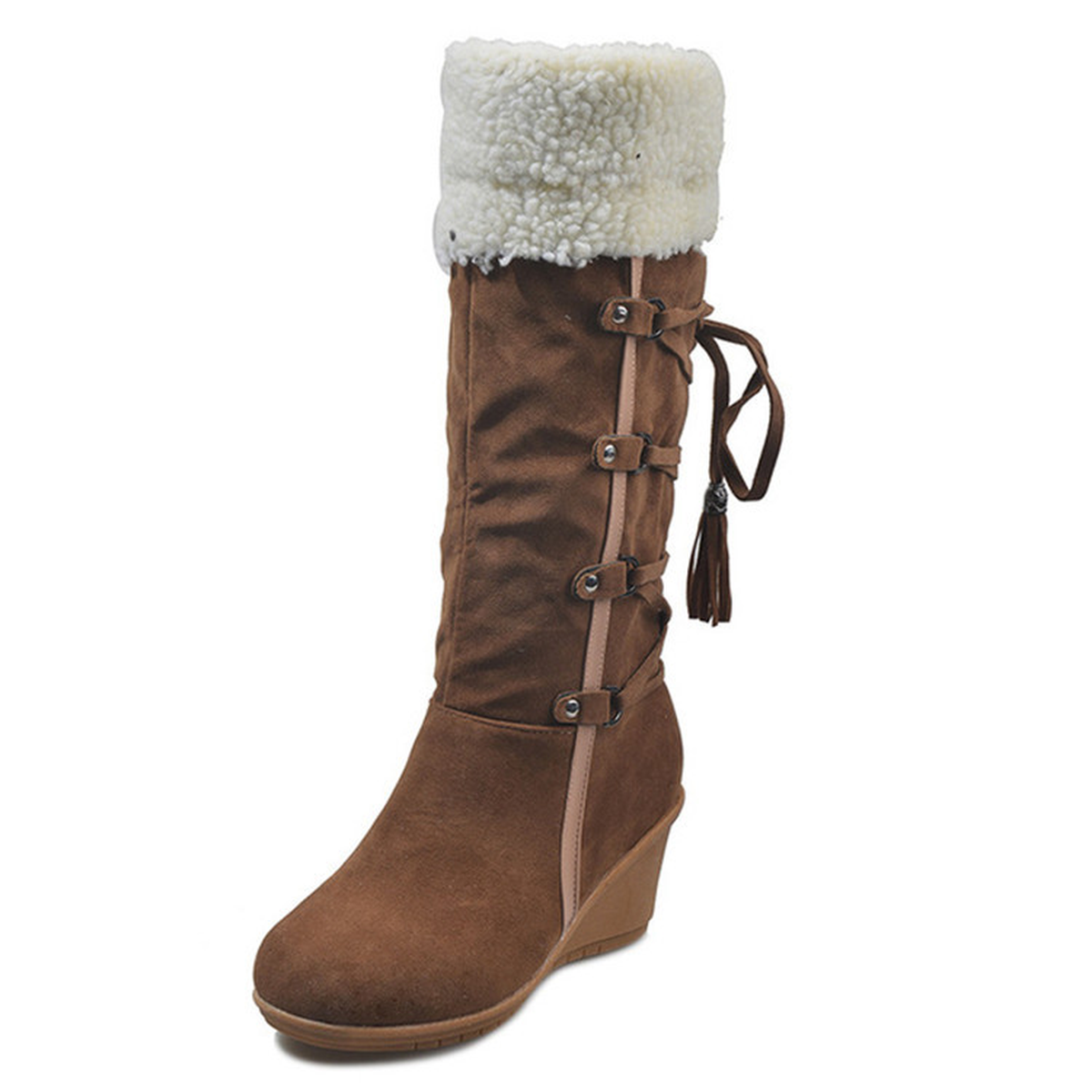 Women's Knee-High Winter Wedge Boots with Plush Fold-Over Cuff