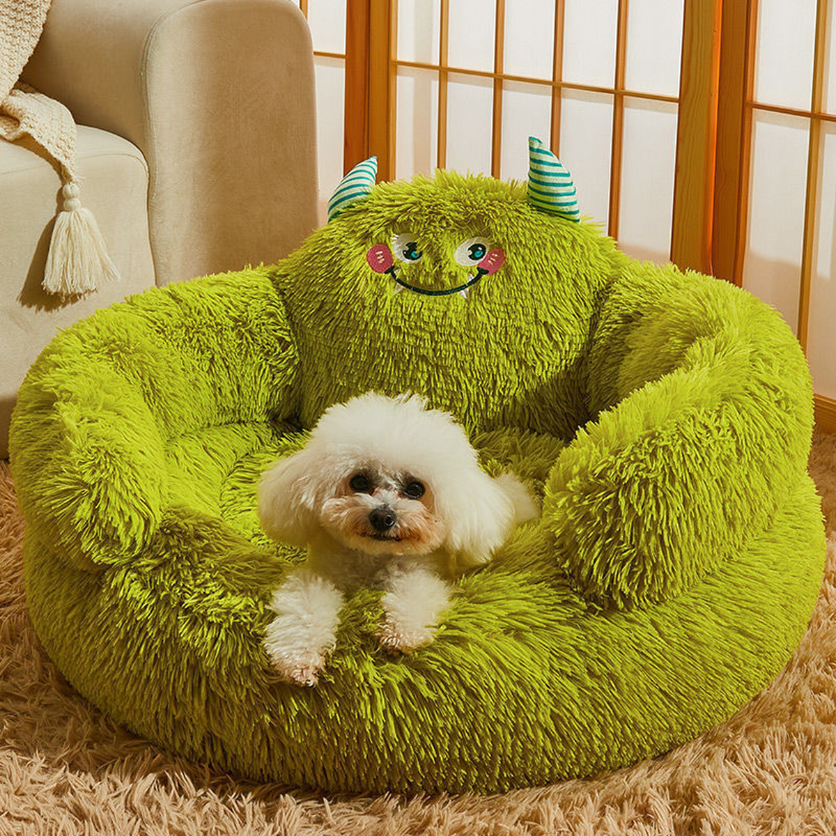 Soft Round Plush Pet Bed with Monster Face Backrest