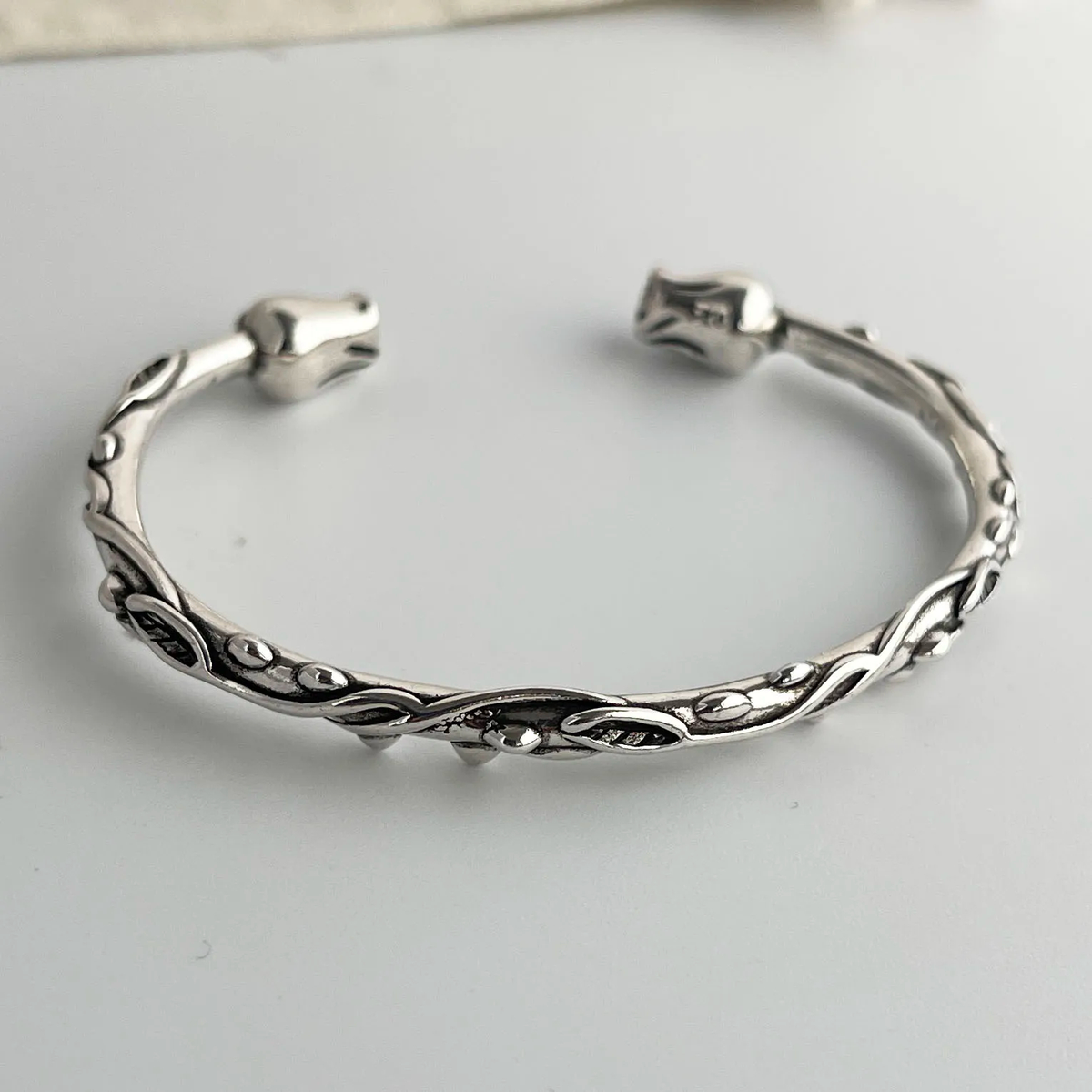 Thorn Rose Cuff Bracelet, Silver-Tone Botanical Open Design