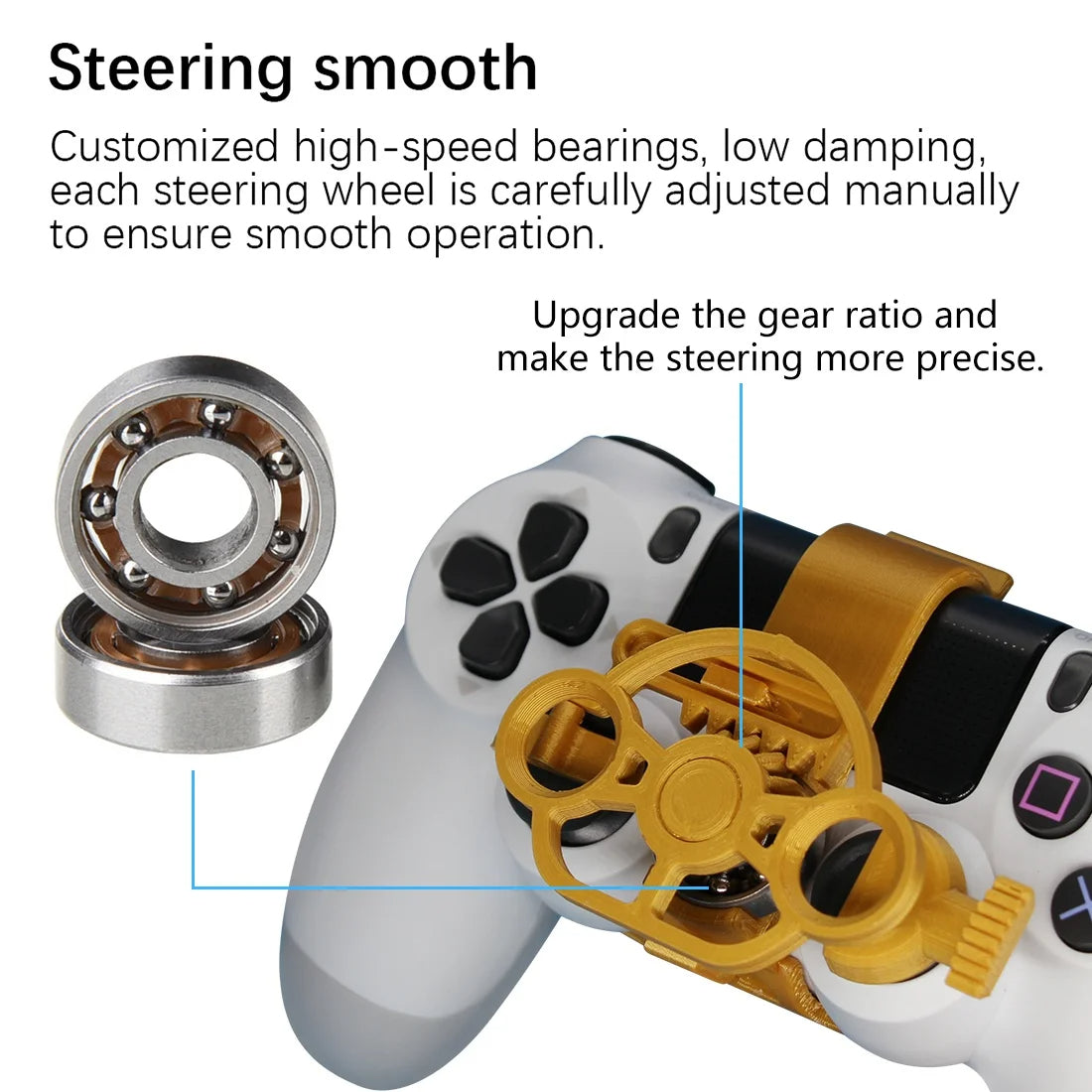 Close-up of a steering wheel mechanism with bearings and control details on a white background.