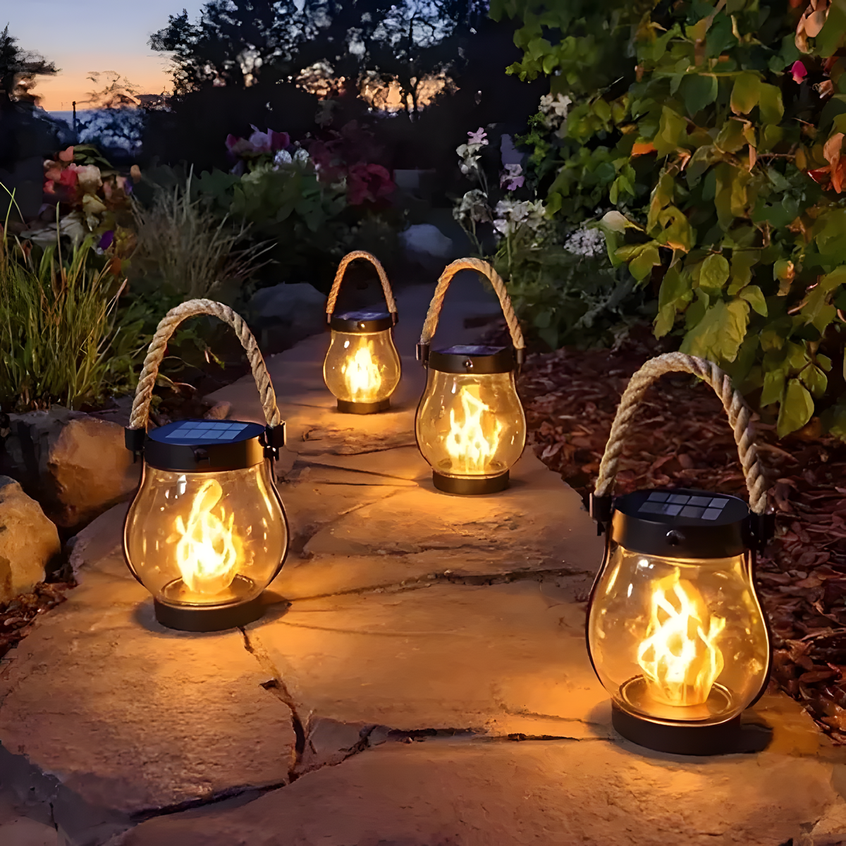 Solar LED Flame-Effect Lantern with Rope-Style Handle