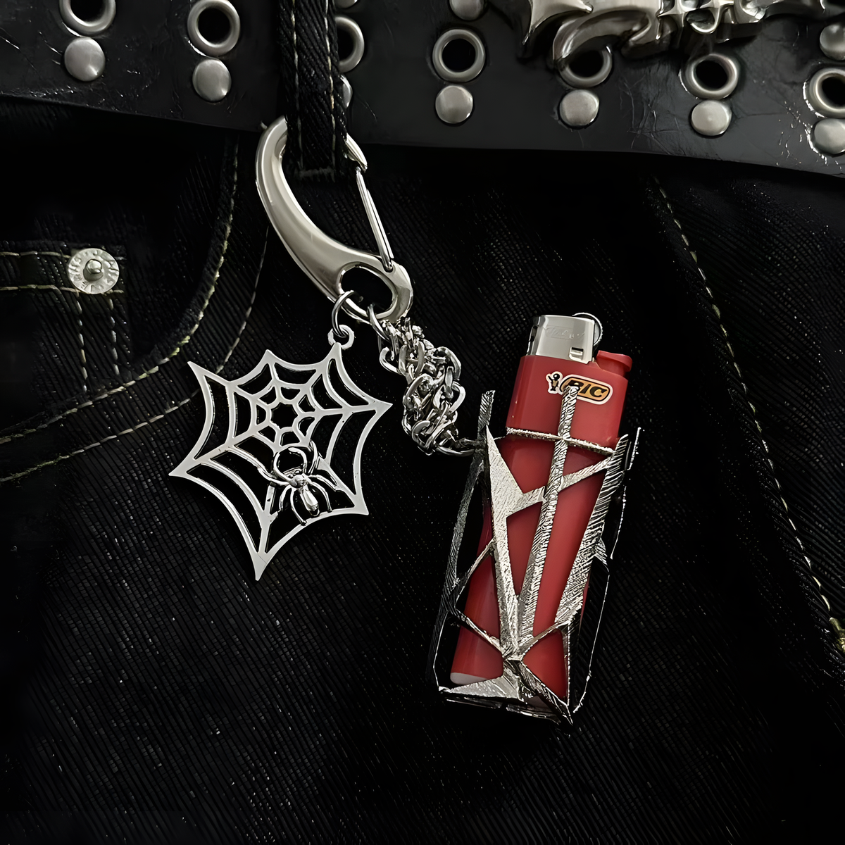 Decorative Lighter Case, Spiderweb Charm & Chain Clip