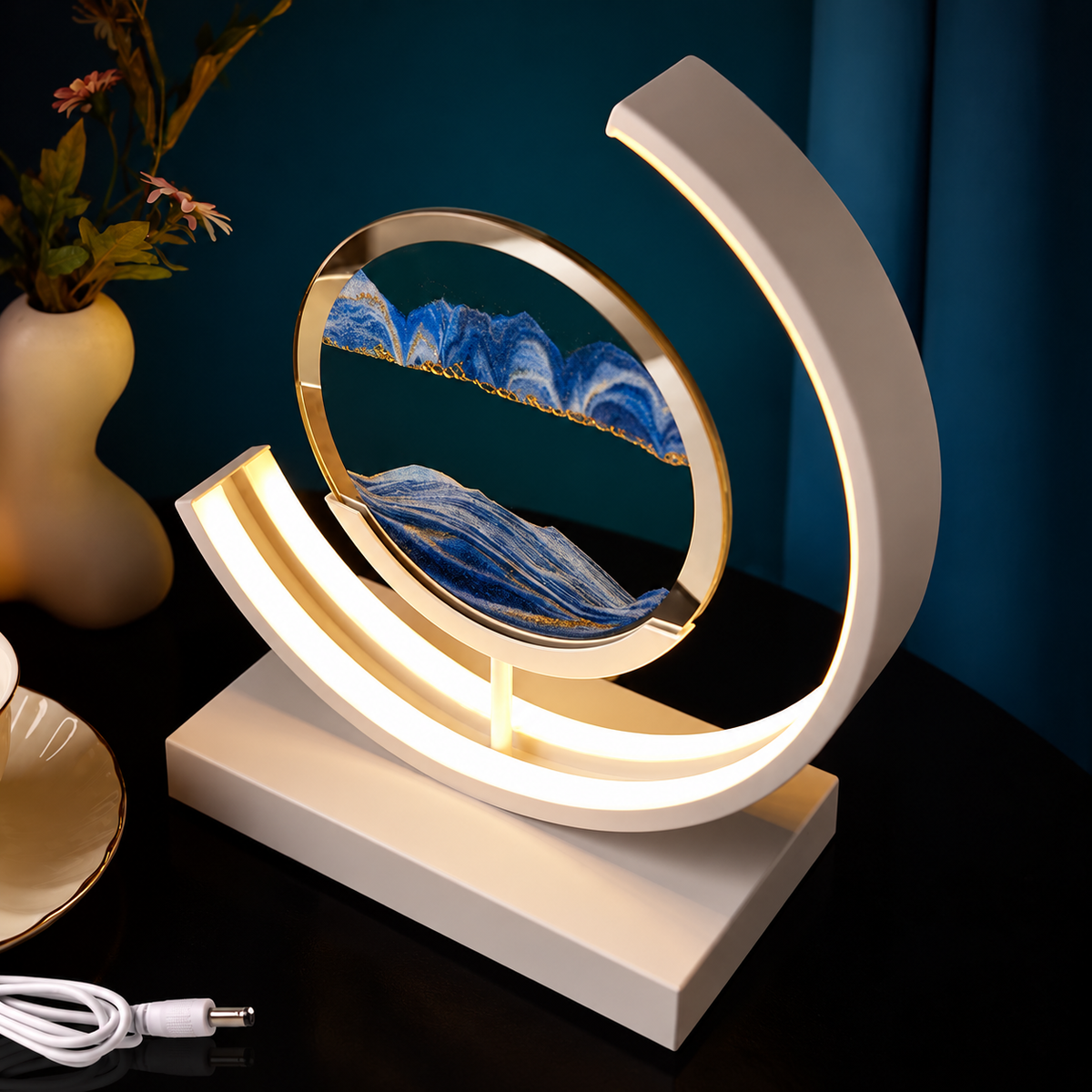 Illuminated Moving Sand Art Frame with Crescent Table Base