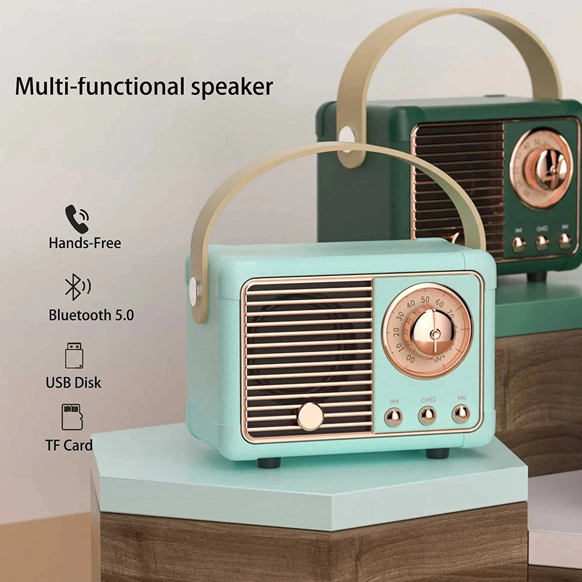 Retro Bluetooth Speaker with Carry Handle and USB Playback