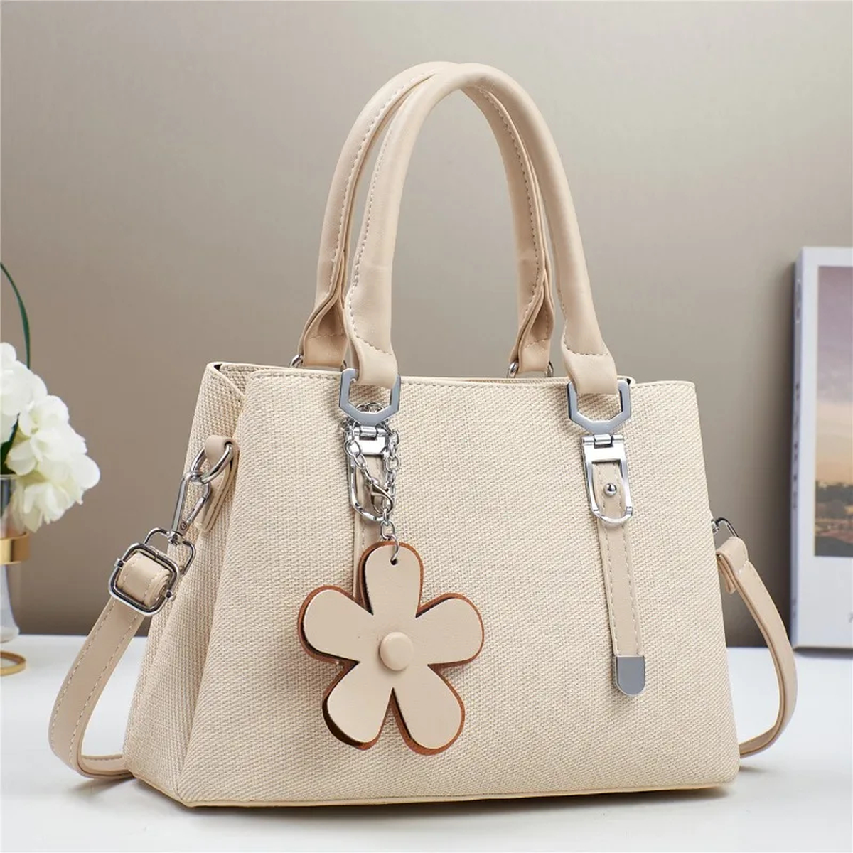 Flower Charm Structured Handbag with Crossbody Strap