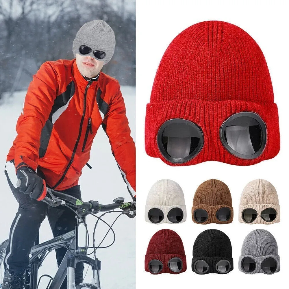 Fleece-Lined Rib-Knit Goggle Beanie with Flip-Up Winter Lenses