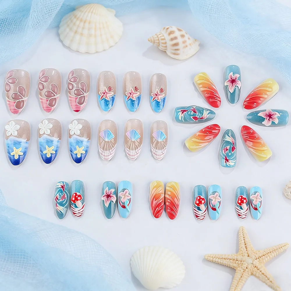 3D Ocean Press-On Nails Almond Glossy Koi & Coral Set