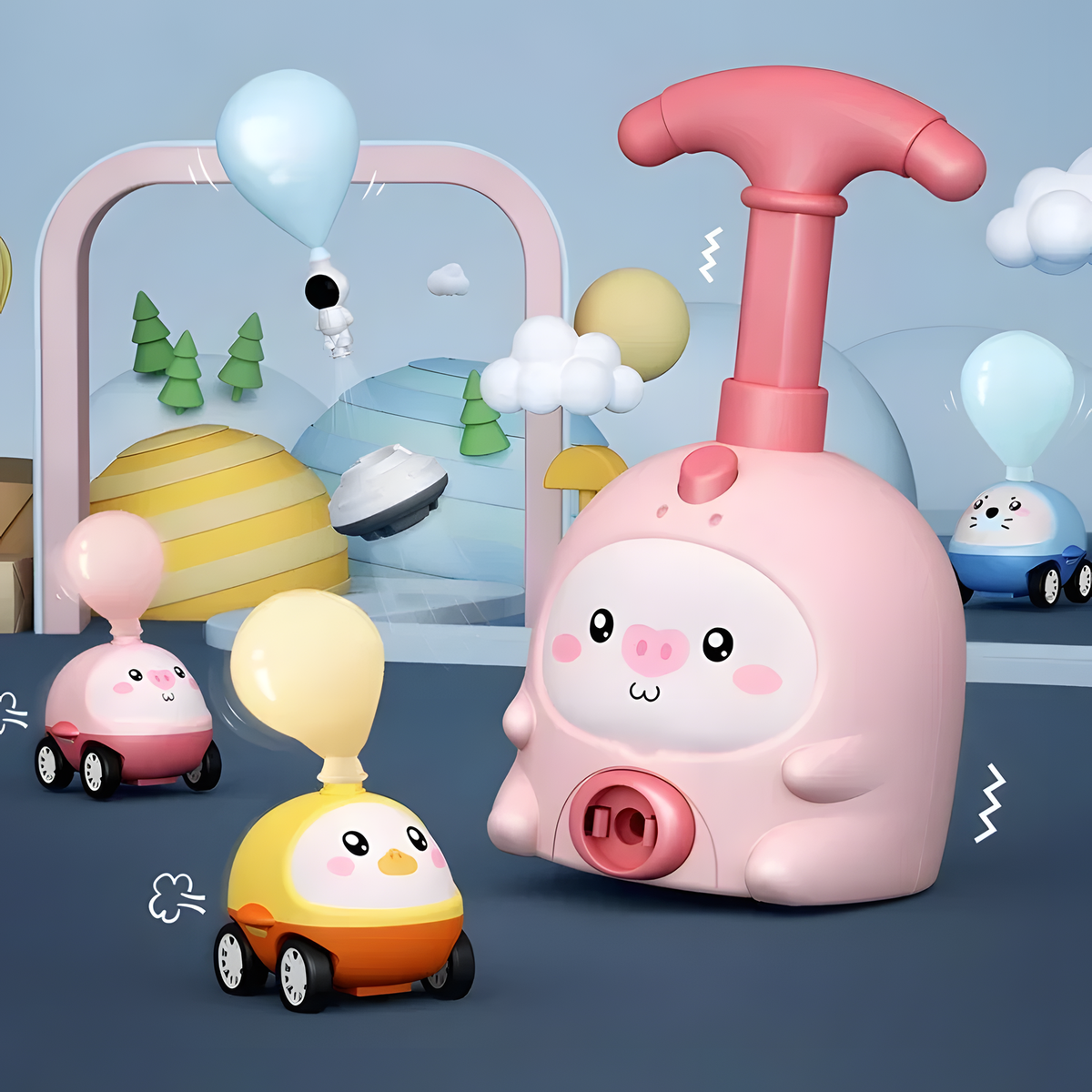 Balloon-Powered Toy Car Set with Animal Pump and Two Cars