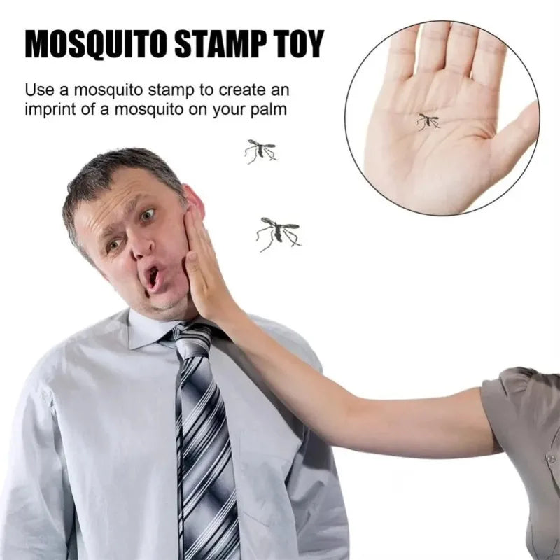 Man reacting to mosquito stamp toy with close-up of mosquito on palm
