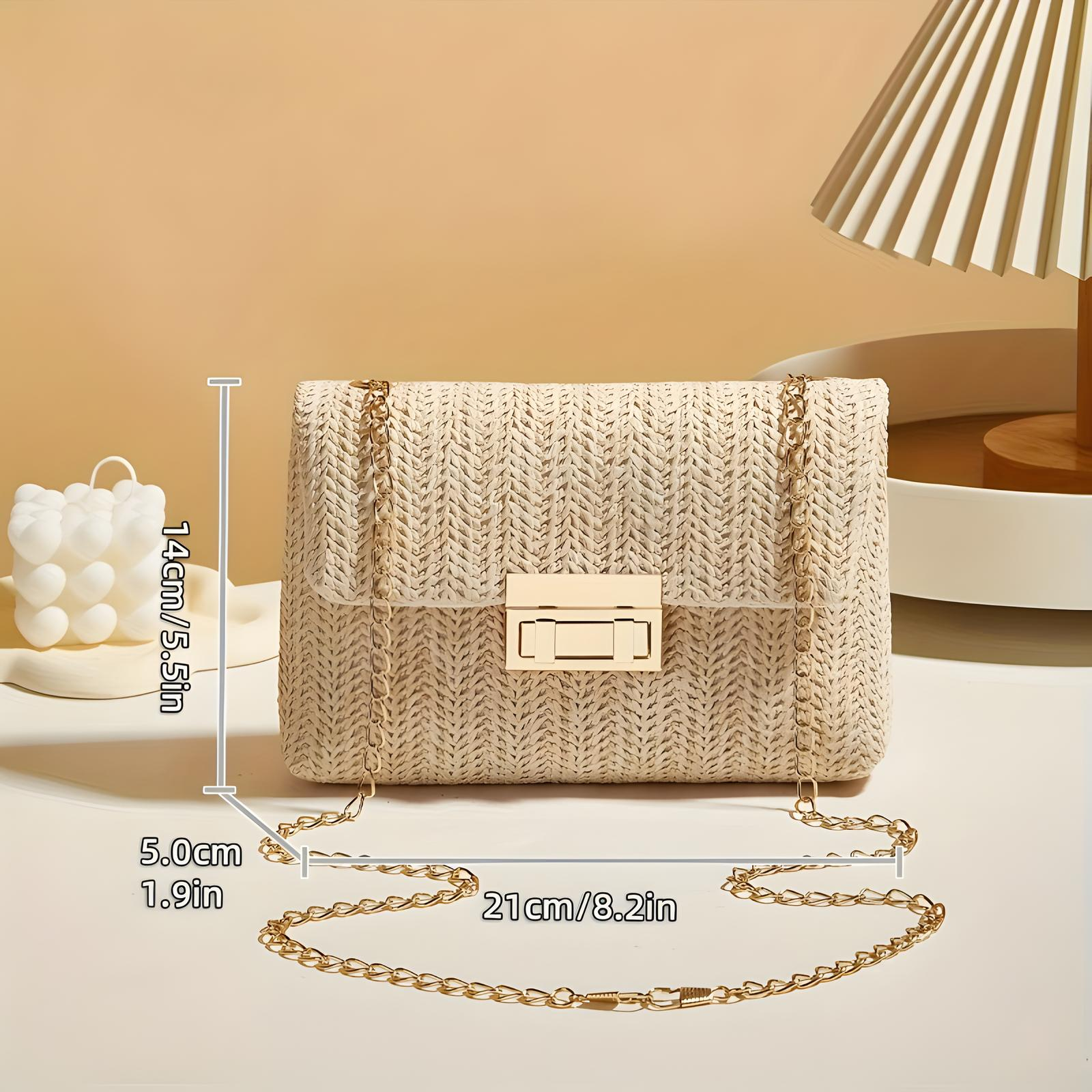 Straw Crossbody Bag with Gold Chain & Turn Lock