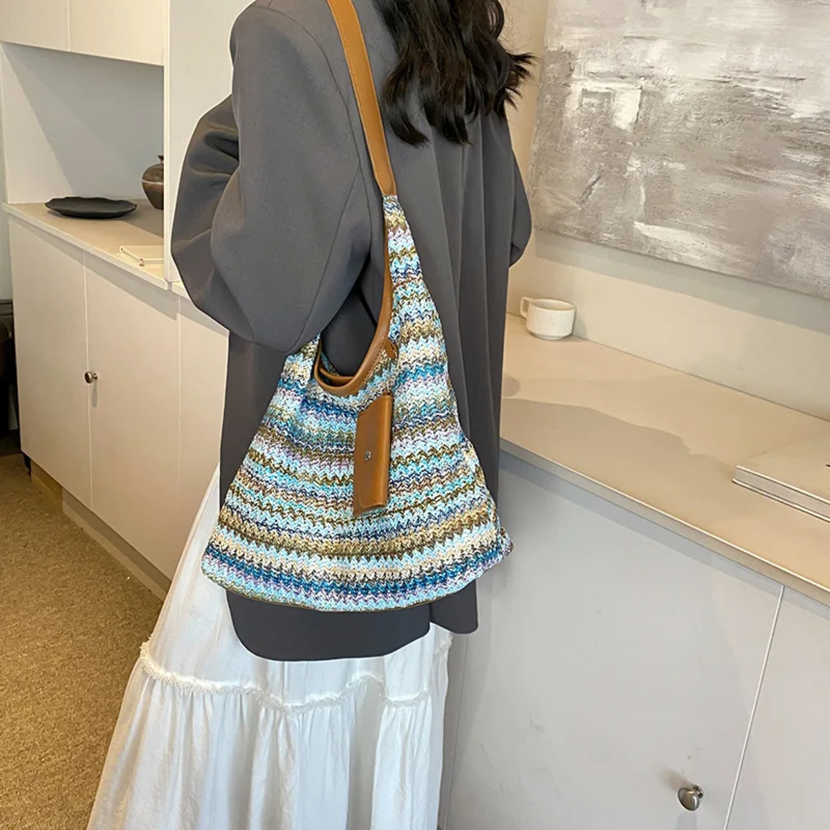 Crochet Hobo Shoulder Bag with Stripes and Front Flap Pocket