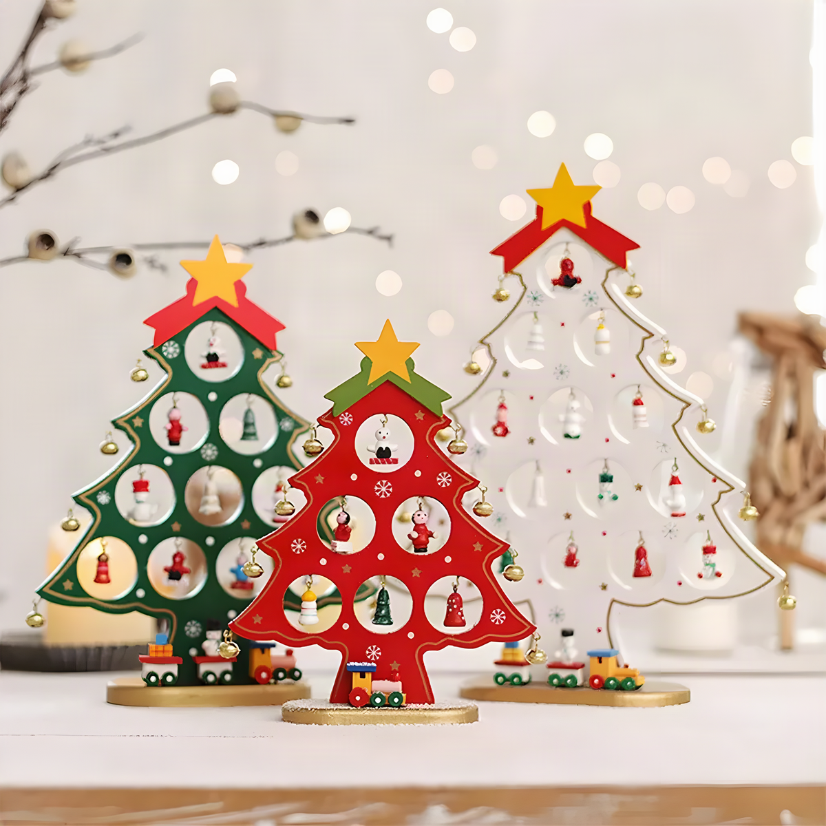 Wooden Tabletop Christmas Tree with Star and Hanging Ornaments