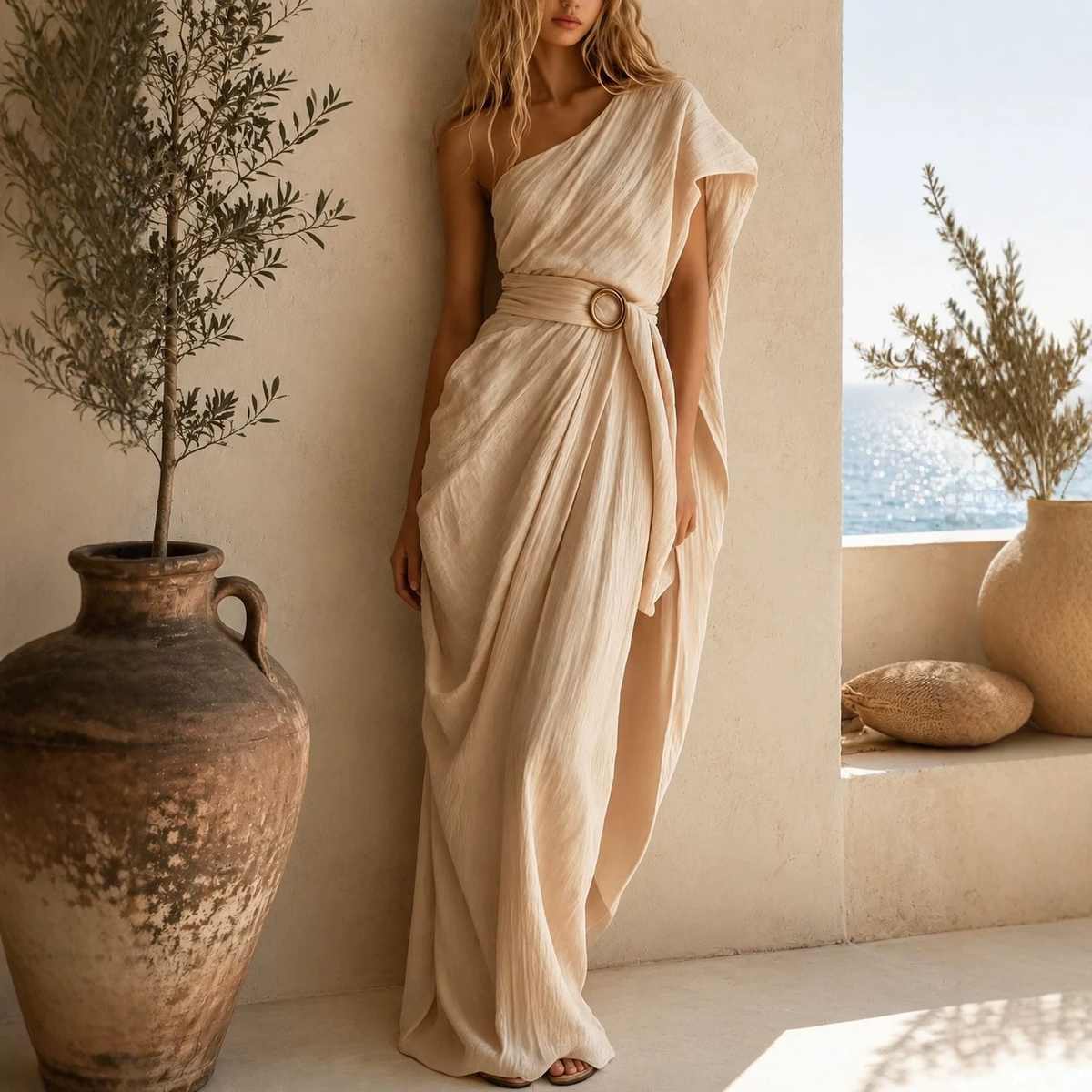 One-Shoulder Cotton-Blend Full-Length Dress with Fitted Waist