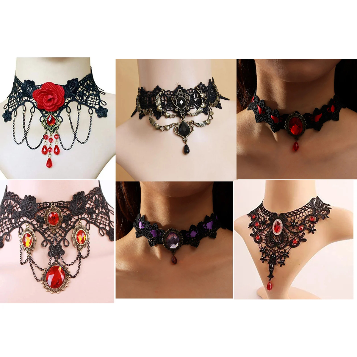 Gothic Lace Choker and Earrings, Red Stone, Antique Metal