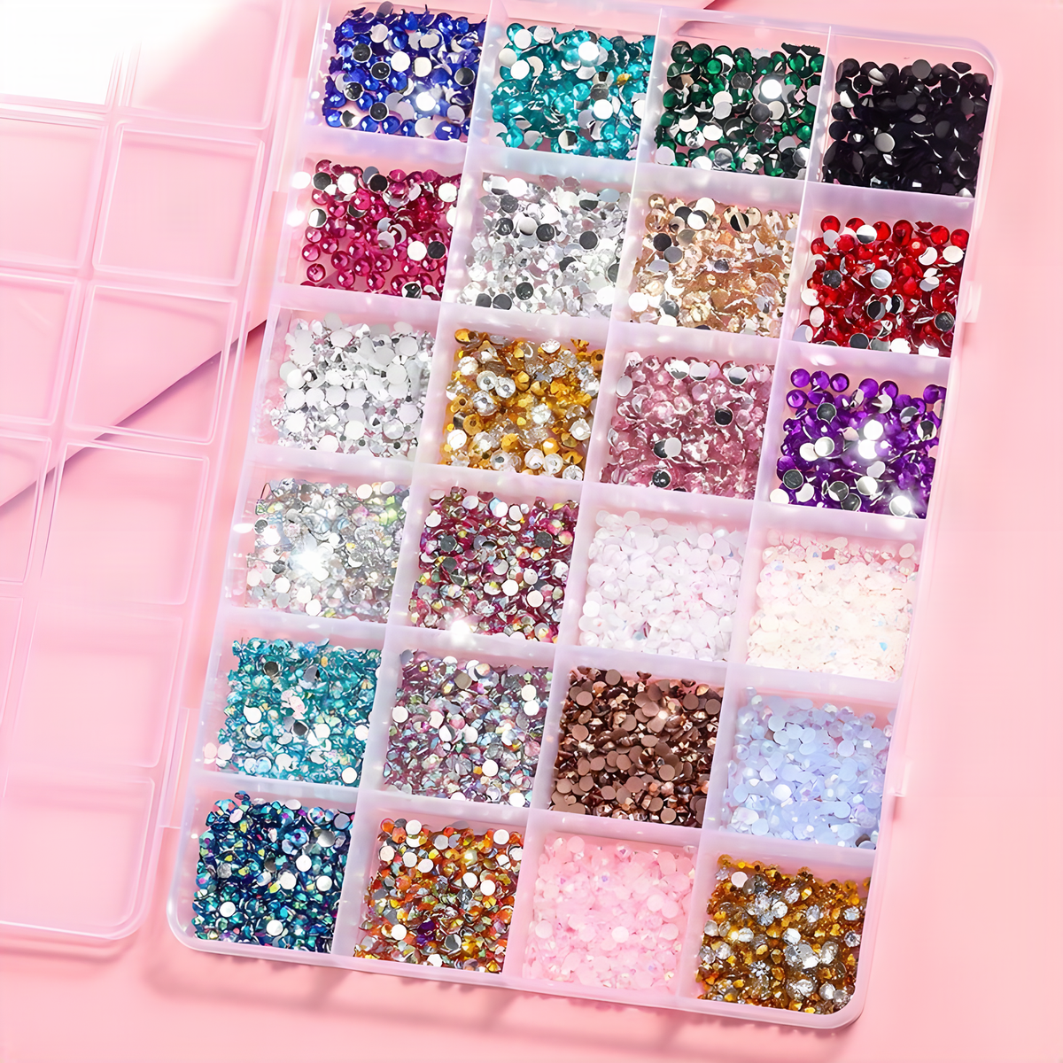 Resin Nail Rhinestones, Round Gems in a 24-Grid Storage Box