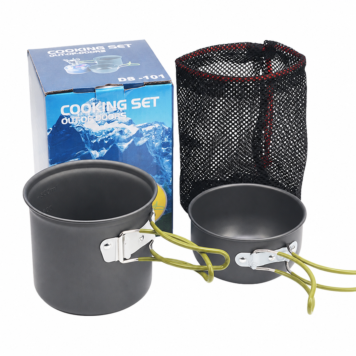 Nesting Camping Cookware Set with Folding Cutlery and Bags