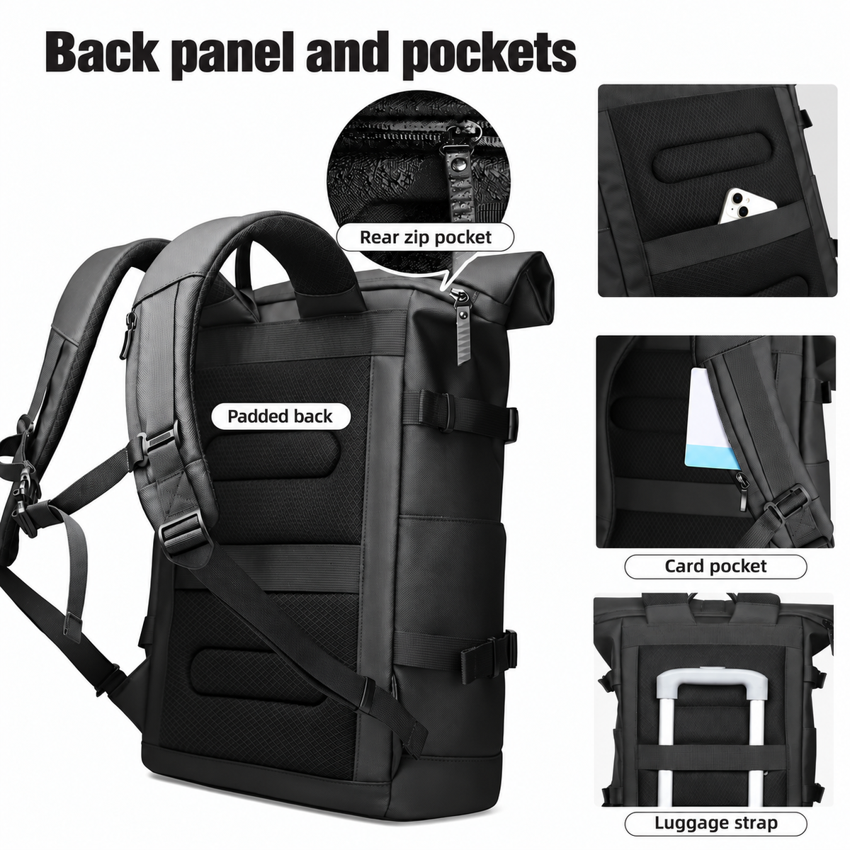 Roll-Top Travel Backpack, Oxford Fabric and Organizer Pockets