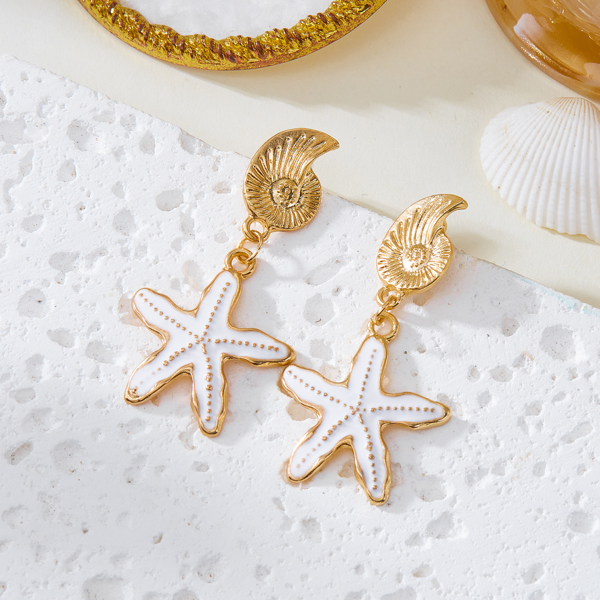White Starfish Drop Earrings with Gold-Tone Shell Studs