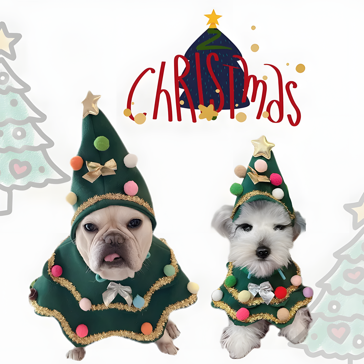 Christmas Tree Pet Costume, Matching Pom-Pom Hat and Cape