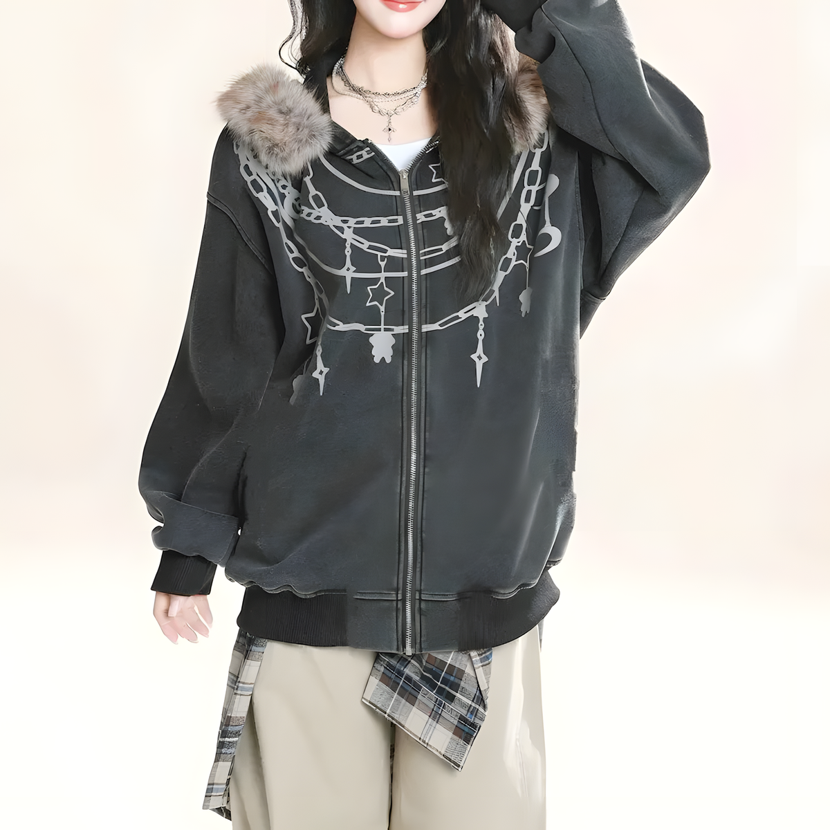 Zip-Front Hooded Jacket with Plush Collar and Chain Print
