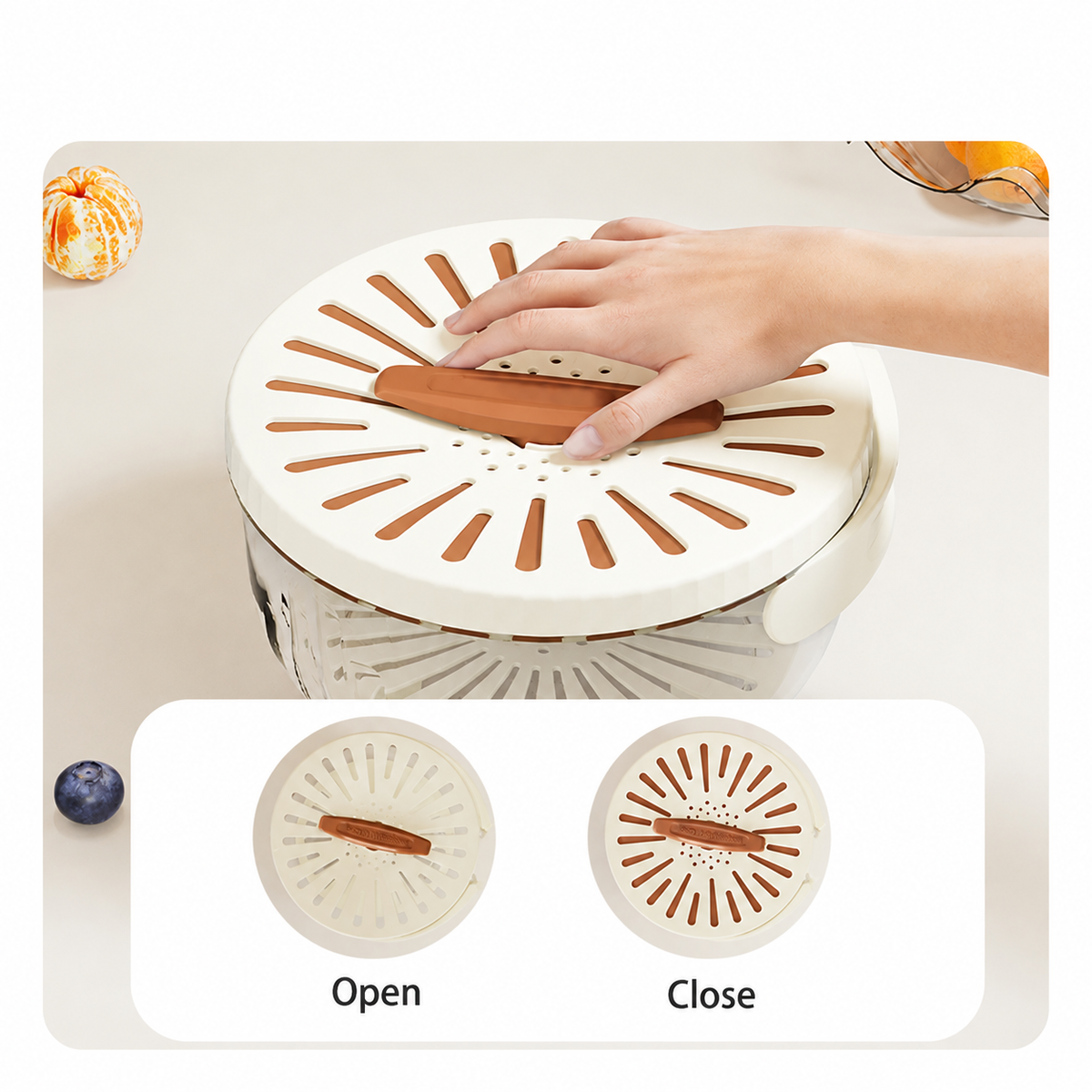 Fruit Rinse and Storage Bowl with Rotating Drain Lid and Handle