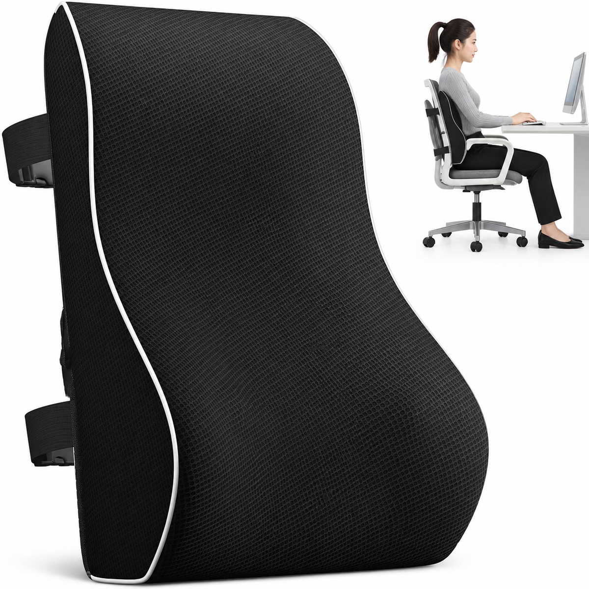 Contoured Memory Foam Lumbar Cushion with Chair Straps