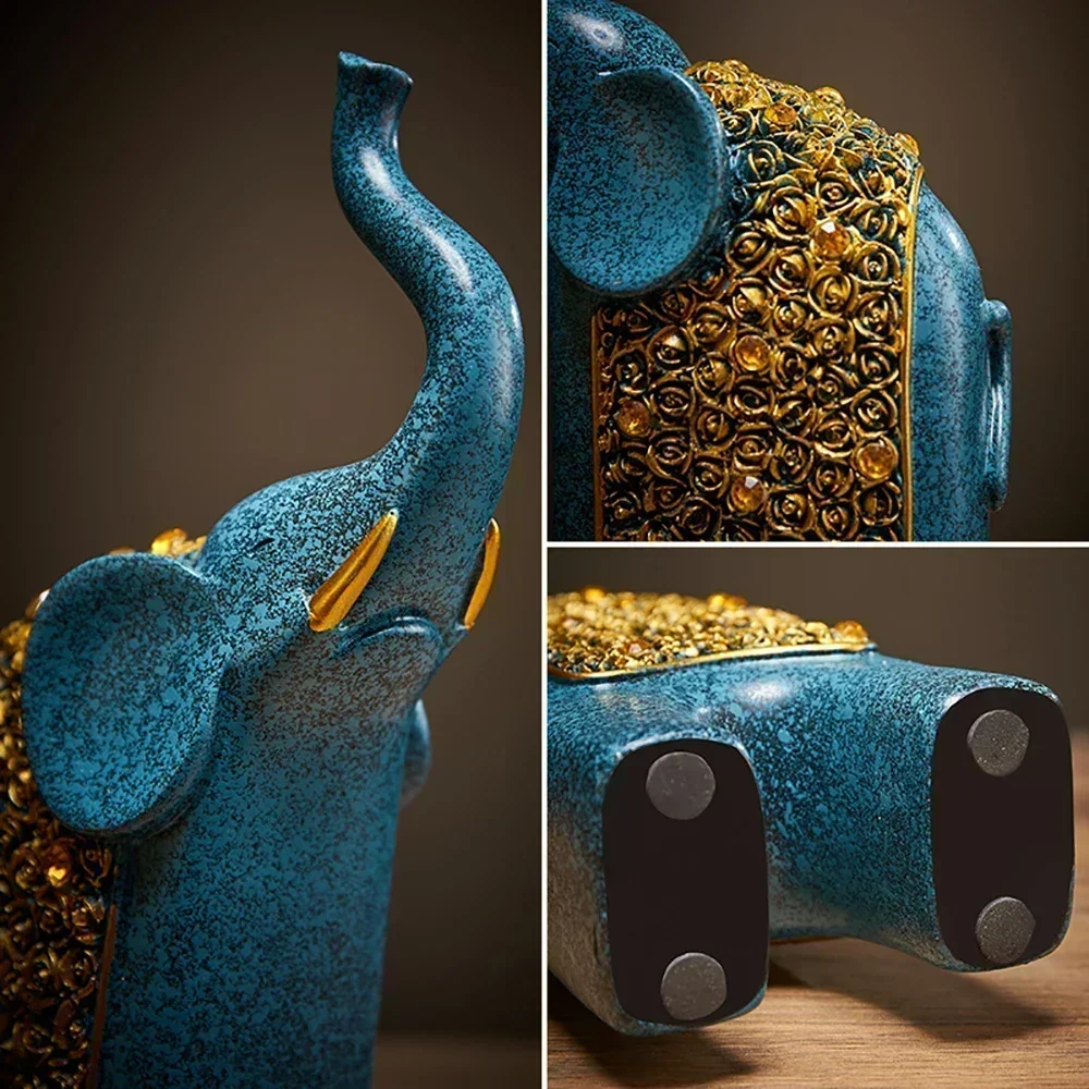 Blue & Gold Elephant Figurine Pair Raised Trunk Home Decor