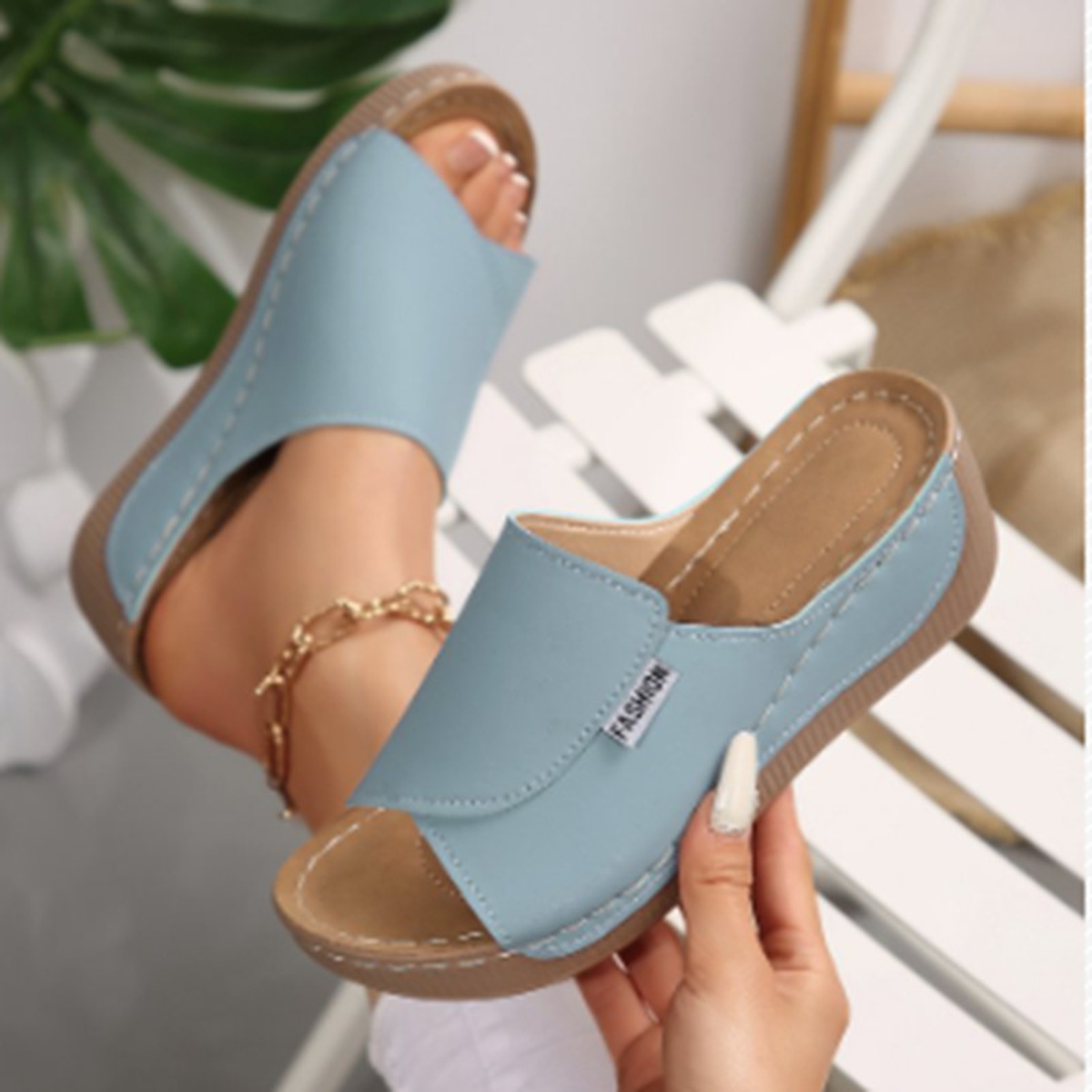 Women's Slip-On Wedge Sandals with Open Toe and Wide Band