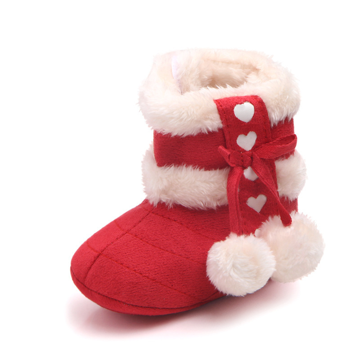 Heart Bow Baby Boots with Pom-Pom Detail and Cream Cuffs