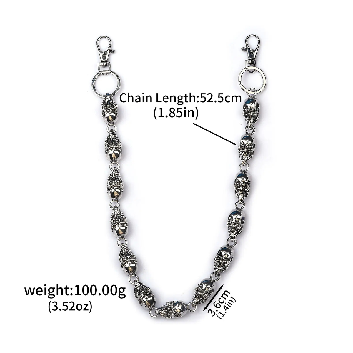 Skull Waist Chain with Clip Ends, Punk Metal Pants Chain, 2 Finishes