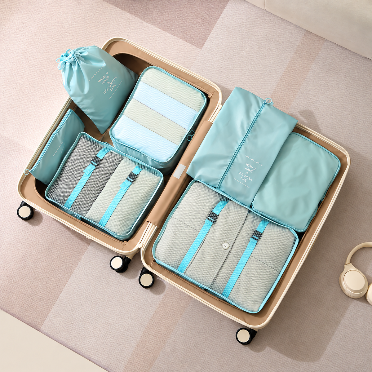 7-Piece Travel Packing Organizer Set, Mesh Cubes and Pouches
