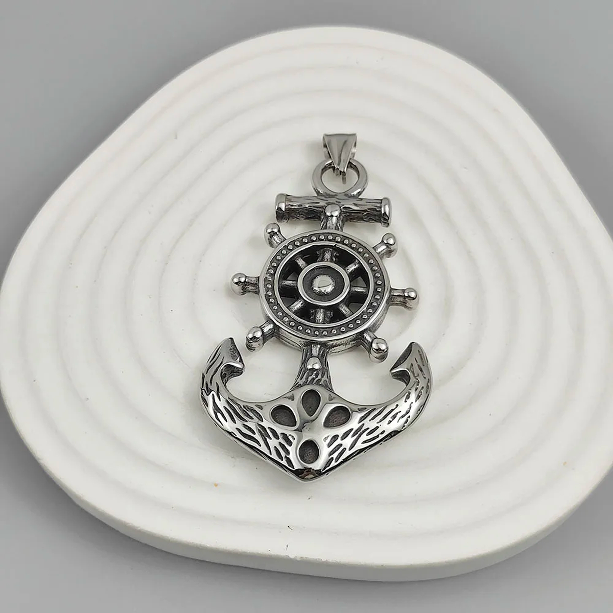 Silver-Tone Anchor Pendant, Nautical Ship Wheel Detailing