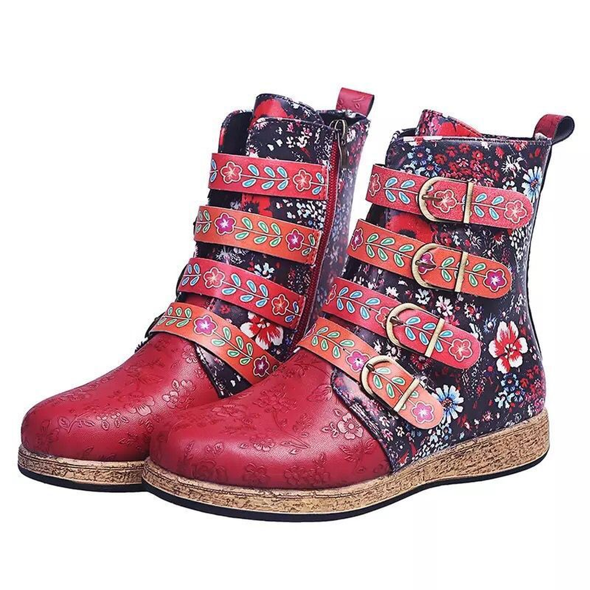 Embroidered Mid-Calf Boots with Buckle Strap Details
